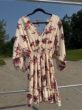 Cream Floral V-Neck Smocked Waist Dress
